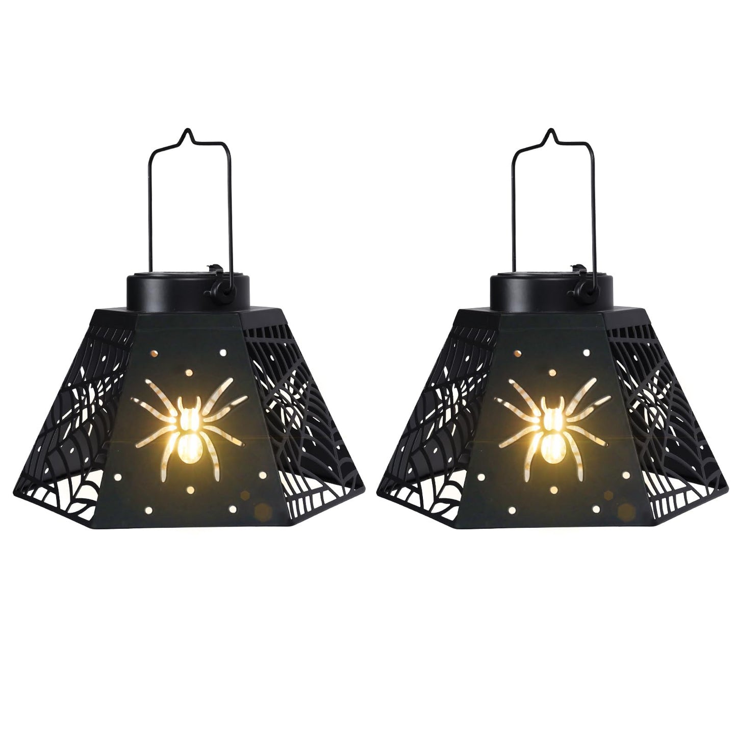 2 Pack Halloween Solar Lantern with Spider Web Design, Outdoor Hanging LED Light for Yard Patio Garden, Waterproof Metal Decorative Lamp for Halloween Decor
