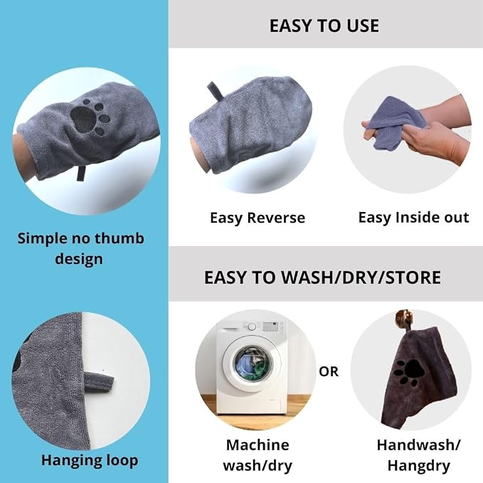 Penny & Niko Microfiber Pet Towel Mitts - Paw Cleaning and Drying Mitts/Gloves for Dogs and Cats (Gray, Large - 2 Pack)