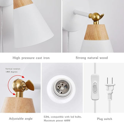 Wall Sconce with Metal Shade, Plug Switch, Indoor Decor Wall Mount Swing Arm Lamp for Bedroom,Hallway,Living Room,Reading, White