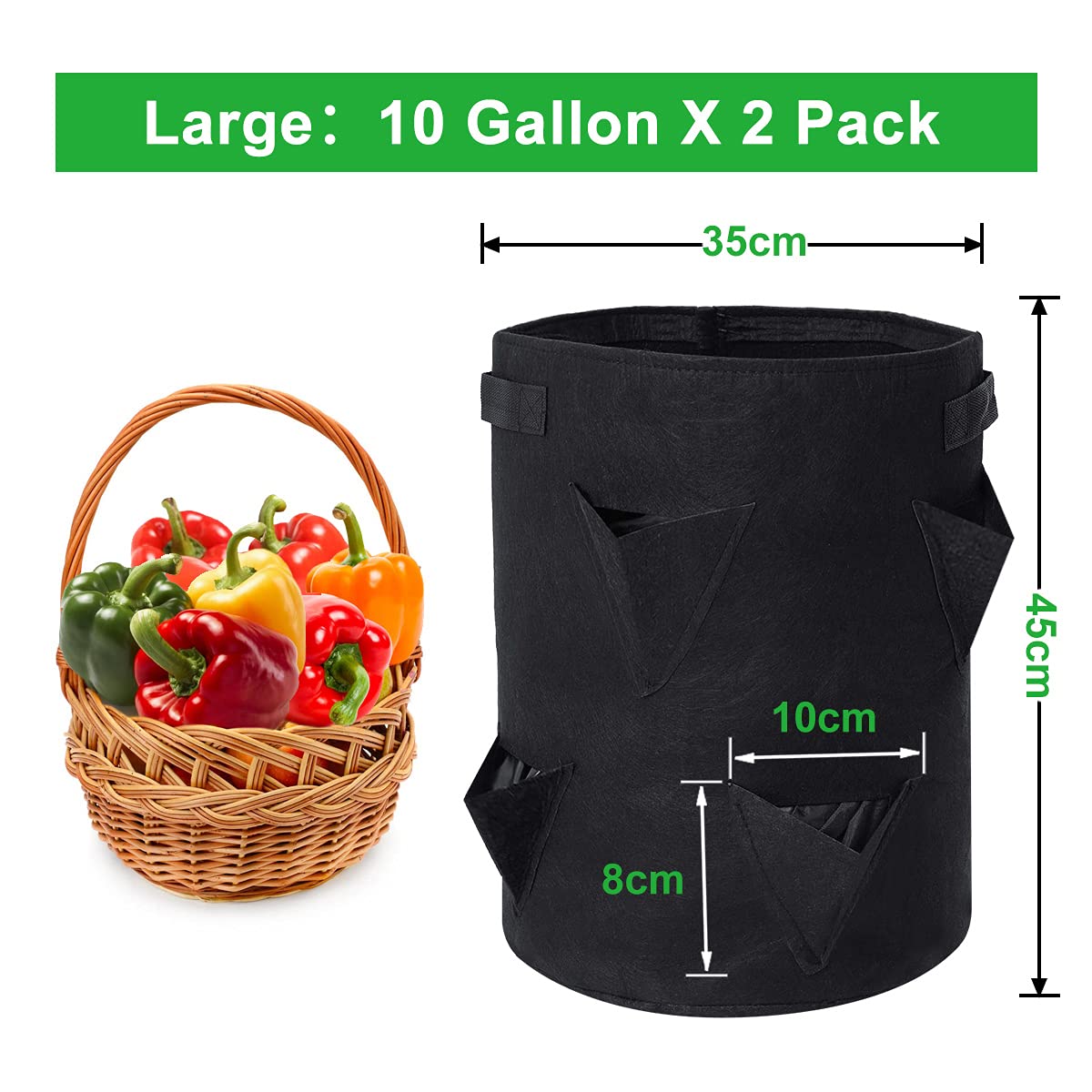 GOTGELIF 10 Gallon Strawberry Grow Bags 2-Pack, Thickened Nonwoven Grow Pots with 8 Pockets & Reinforced Handles for Strawberries, Tomatoes, Peppers, Herbs, Flowers
