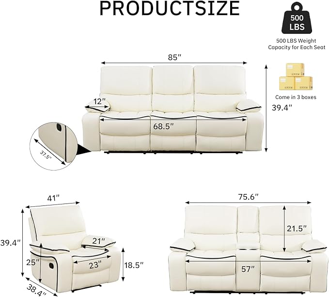 3-Piece Recliner Sofa Set, Adjustable Leather Recliner