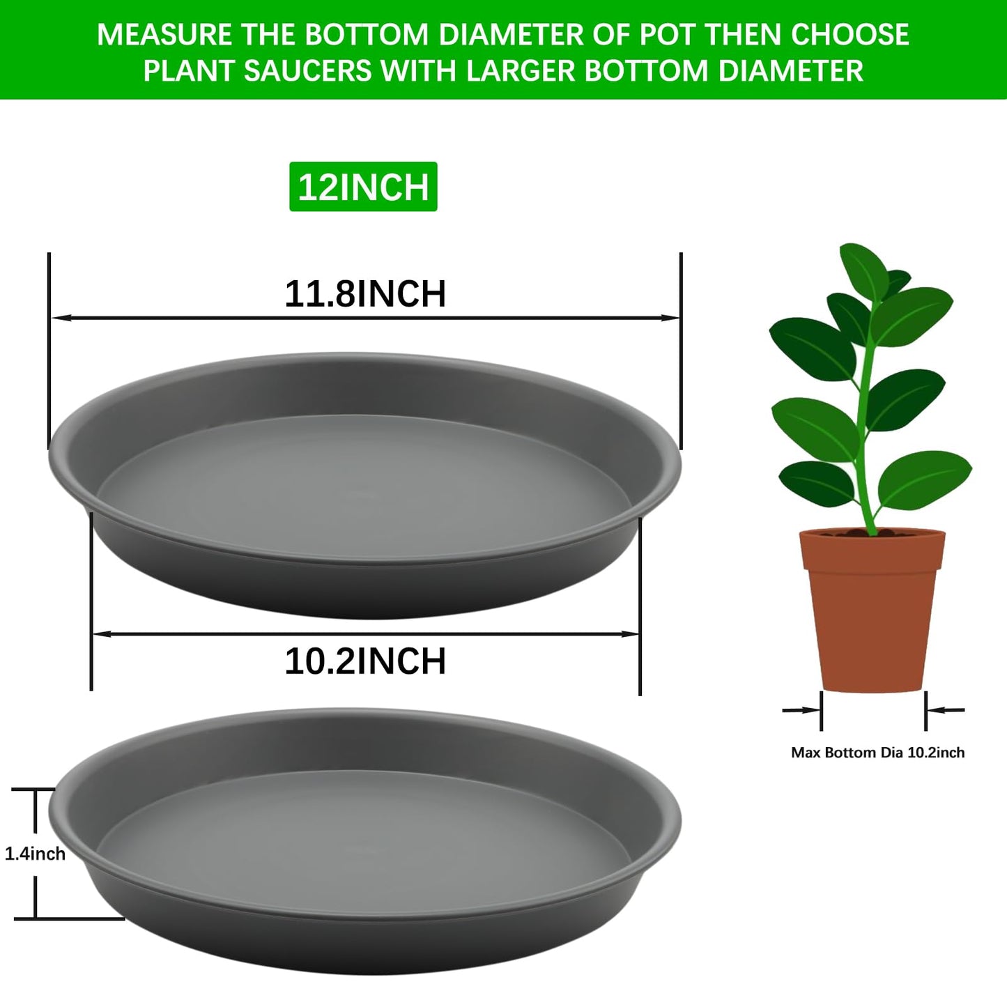 TITE Plant Saucer Heavy Large Planter Durable Thicker Plastic Plant Trays for Indoors and Outdoor,Plant Saucer Drip Trays (Grey, 12 inch)