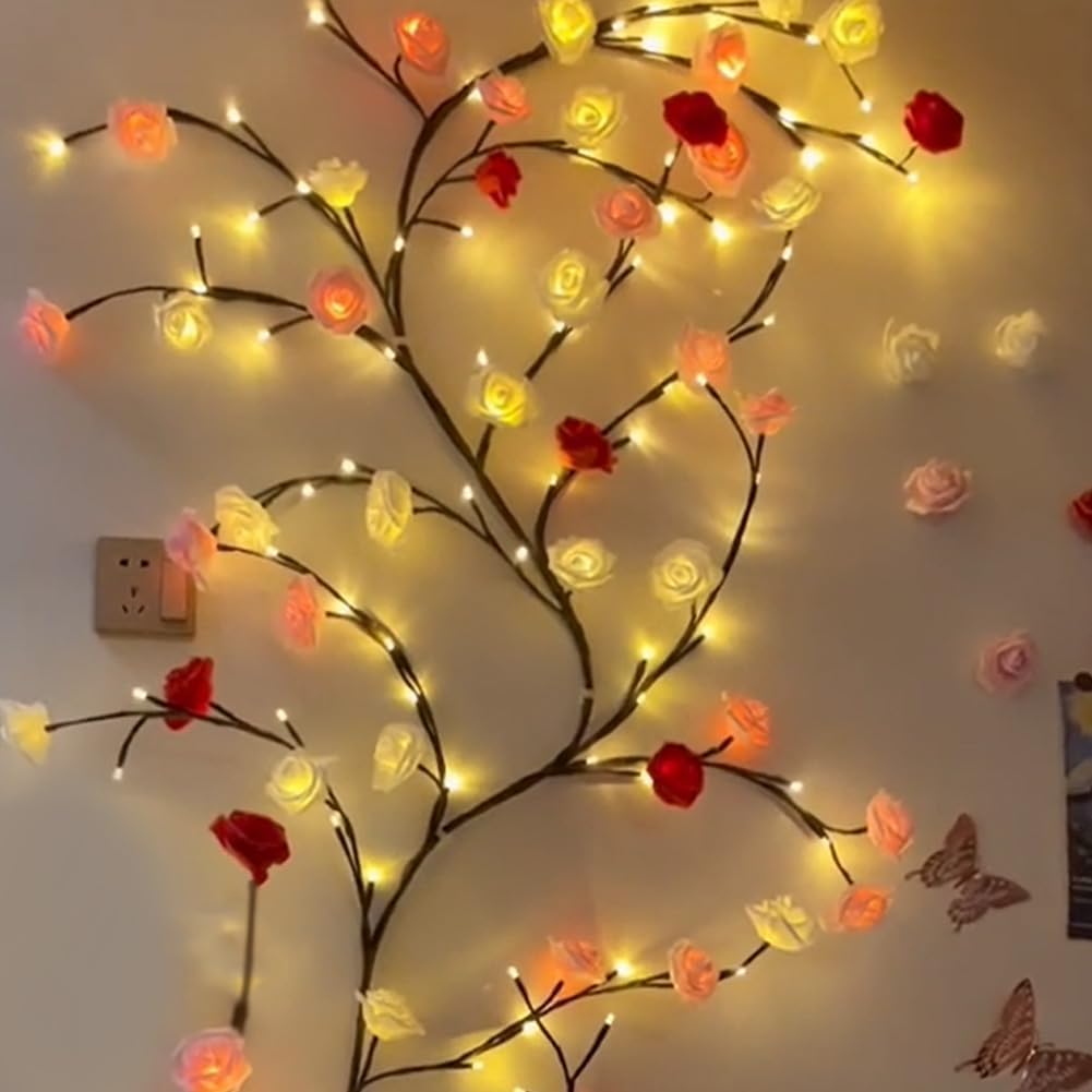 BomKra Rose LED Tree Branch Lights for Wall,Rose Blossom Willow Vine Branch Room Decor Gift,Flexible DIY Design,with 48 LED Lights and Remote,8 Lighting Modes,for Bedroom and Wall Decor (47inch)