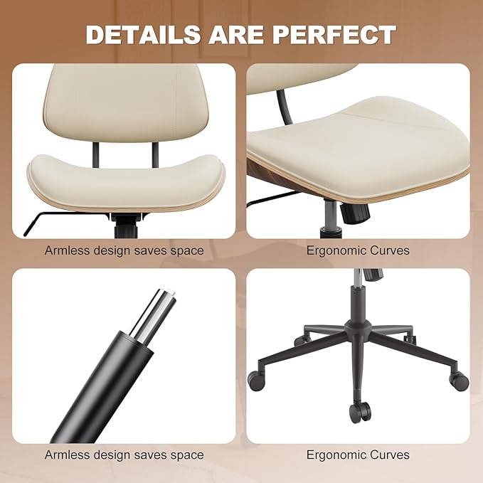 Armless Office Chair with Wheels, PU Leather Adjustable Height Desk Chair