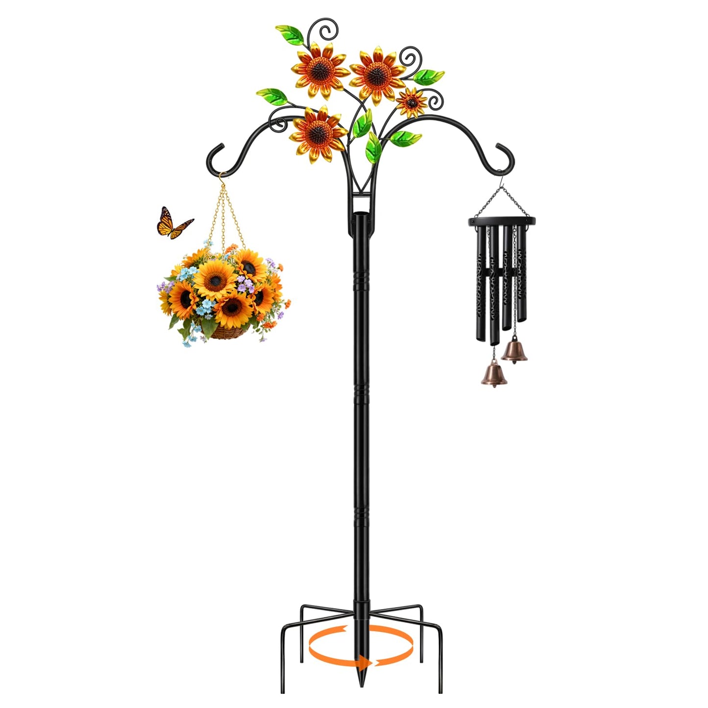 Double Shepherds Hooks for Outdoor, 1 Pack 78 Inch Bird Feeder Pole with 5 Prongs Base, Adjustable Heavy Duty Plant Hangers Sunflower Art for Outdoor Plants Hummingbird Feeder Hanging Basket Lantern