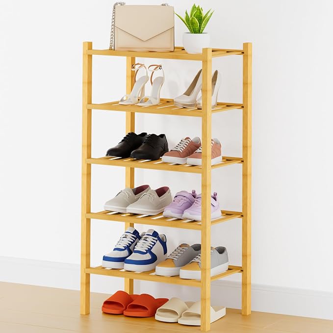 Smiry Small Bamboo Shoe Rack, 5 Tier Free Standing Wooden Shoe Organizer, Stackable Wood Shoe Storage Shelf for Closet, Entryway, 14 Vertical Slats, 2+2+1 Stack Thicker Legs, 17.3"x11"x32.5", Natural
