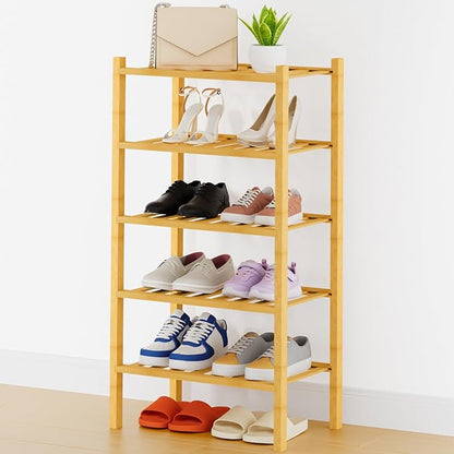 Smiry Small Bamboo Shoe Rack, 5 Tier Free Standing Wooden Shoe Organizer, Stackable Wood Shoe Storage Shelf for Closet, Entryway, 14 Vertical Slats, 2+2+1 Stack Thicker Legs, 17.3"x11"x32.5", Natural