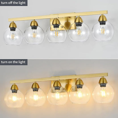 5-Light Bathroom Light Fixtures, Gold Vanity Light with Ultra-Clear Hand-Blown Glass, Durable & Scratch-Resistant, Wall Lamp for Mirror, Bedroom, Hallway