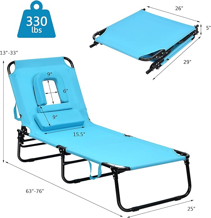 Folding Beach Lounge Chair w/ 5 Adjutable Backrest & Padded Pillow, Sunbathing