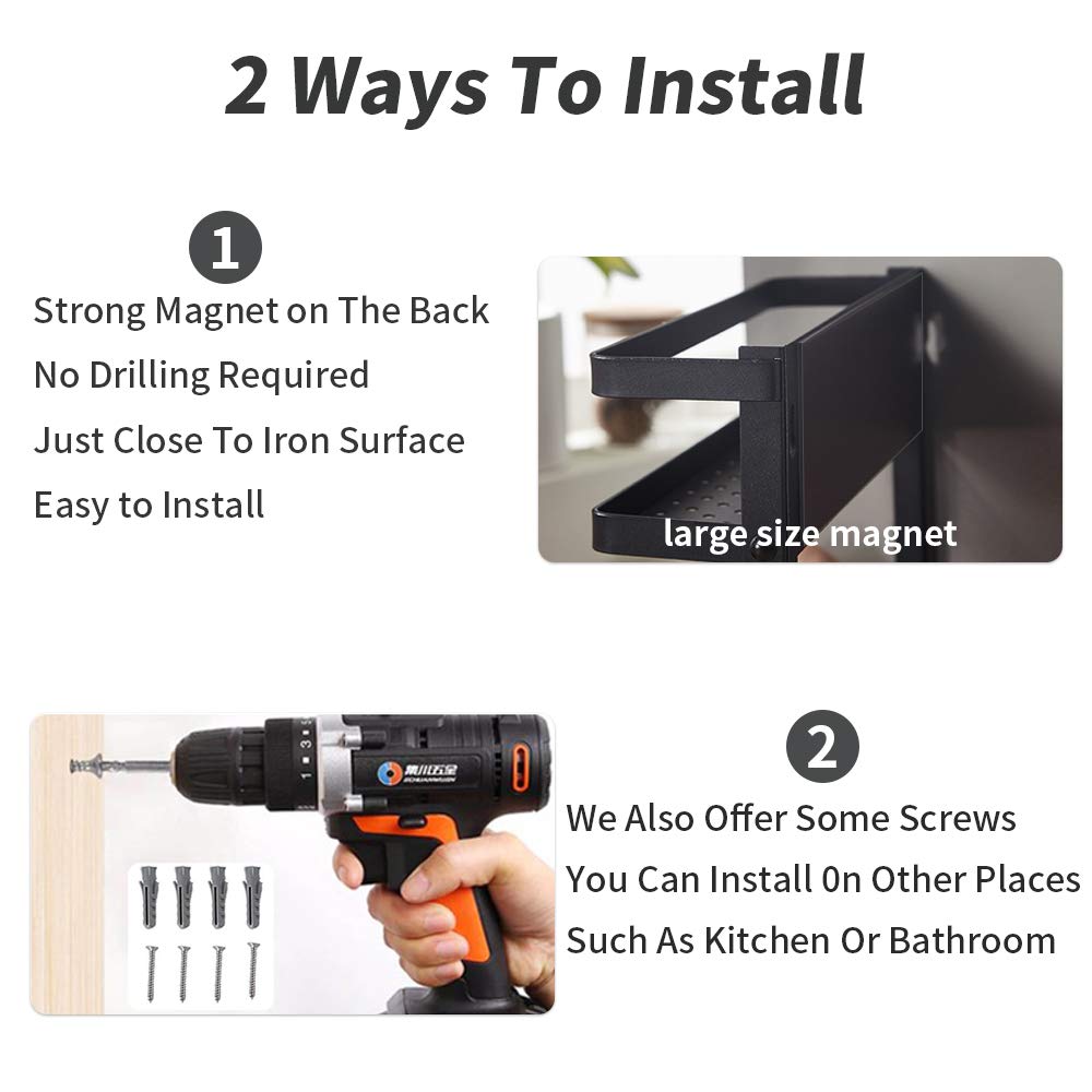 Magnetic Paper Towel Holder for Refrigerator, Magnetic Spice Rack,Magnetic Shelf for Stove,Wall Mount Towel Rack with Hooks,Refrigerator Organizer for Kitchen (Black)