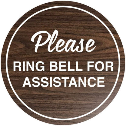 Signs ByLITA Circle Please Ring Bell For Assistance Wall or Door Sign | Easy Installation | Front Desk Reception Sign (Walnut) - Small (5 Pack)