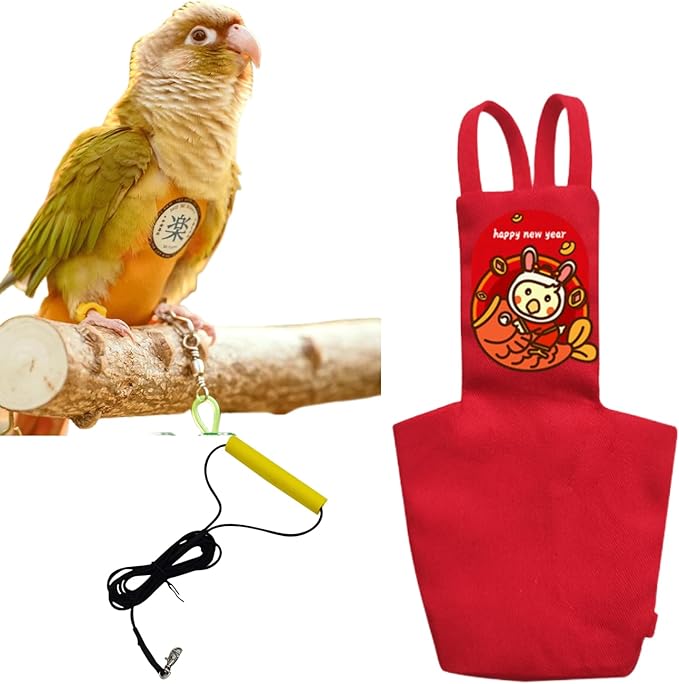 MANON ROSA Bird Diapers Leash Set Washable Reusable Handmade Flight Suit Waterproof Inner Layer - Protective Parrot Nappy Clothes Parakeets Macaws Budgies Canaries (Red2,Budgie)