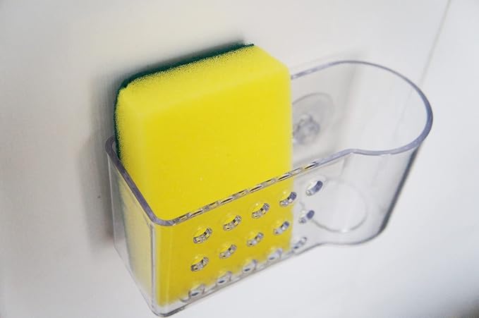 AMUONTY Sponge Holder for Kitchen Sink Suction, Plastic Sink Brush Sponge Caddy