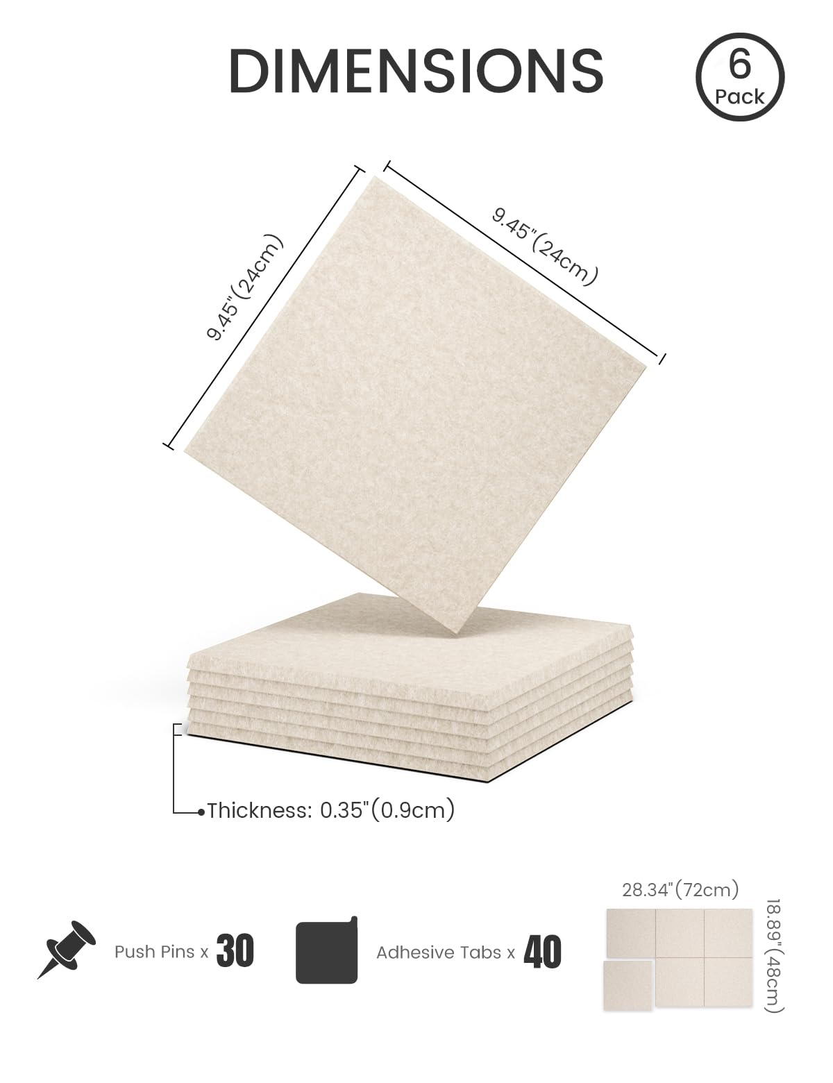Felt Bulletin Board Tiles -28"x18" Cork Board Alternative for Office Decor, Push Pin Board Wall Organizer 6-Pack - Oatmeal