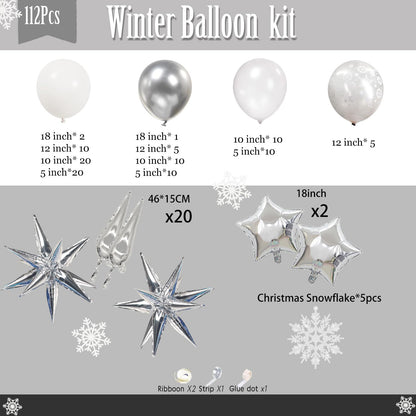 White Winter party decorations with Pearl White Silver Balloon Garland Arch & foil Star printed balloons Artificial Snowflakes for winter wonderland 1st birthday Christmas new year party decorations