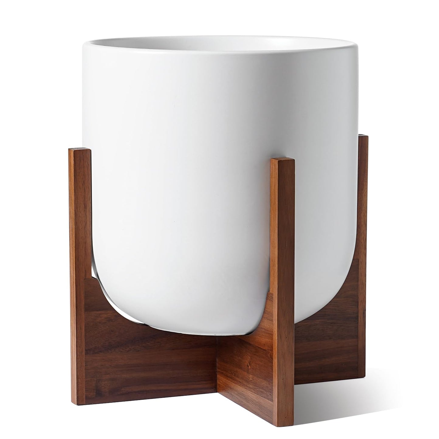 LE TAUCI 12 Inch Pots for Plants with Acacia Wood Stand, Ceramic Large Planters for Indoor Plants, Indoor Planters for Office Living Room, Cylinder Pots with Drainage Hole and Plug, White