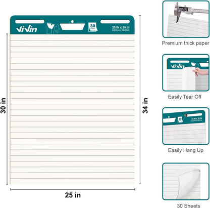 ViVin Lined Sticky Easel Pad, 25 x 30 Inches Flip Chart Paper for Teachers and Students, Large Self Stick Easel Paper, Teacher Anchor Chart, 30 Sheets/Pad, 10 Pads/Pack