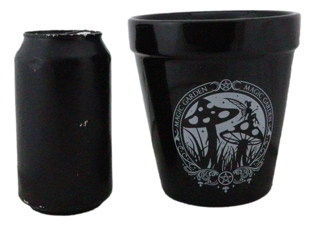Ebros Gift Wicca Witchcraft Gothic Magic Black Ceramic Planter Pot Floral Container Alchemy Occult Potter Flowerpot Green Thumb Gardening Home Accent (Magic Garden Fairy Mushrooms Triple Moon)