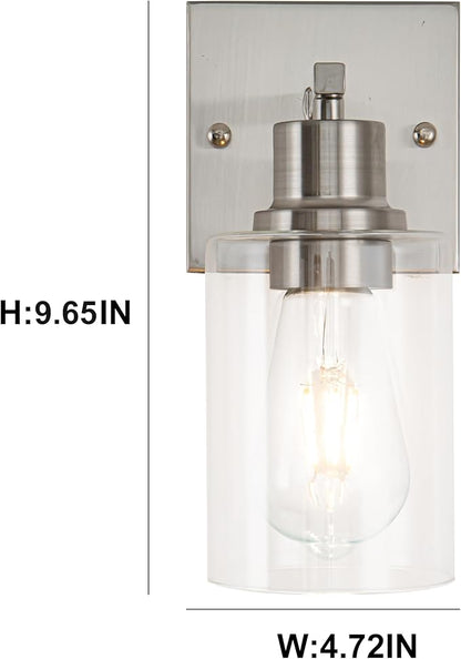 EMONG Brushed Nickel Bathroom Light Fixtures, 1-Light Vanity Lights with Clear Glass Shade, Wall Sconces for Hallway, Farmhouse, Living Room, Kitchen