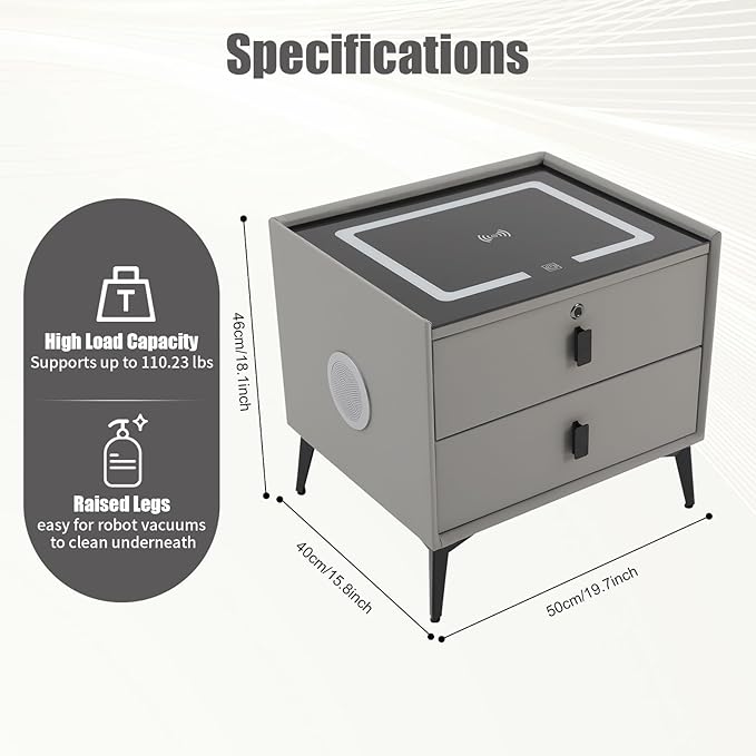 Smart Nightstand with Charging Station, Adjustable LED, USB Ports, Fingerprint