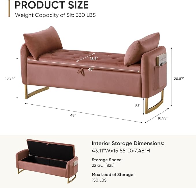 48" End of Bed Bench, Modern Storage Benches
