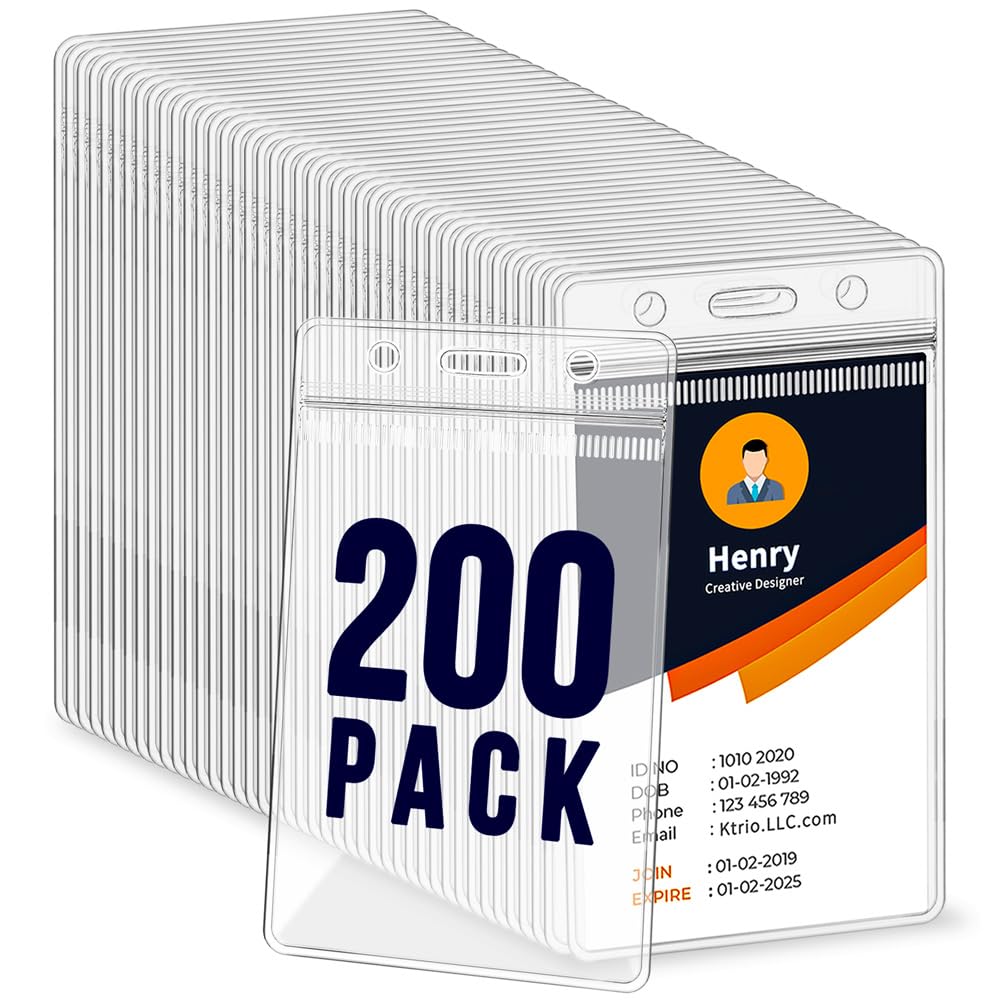 200 Pack Badge Holder, Plastic ID Badge Holder, Clear Waterproof ID Card Holder with Resealable Zip, 2.5" x 3.8" Vertical Name Tag Holder for Nurses and Office, Fits ID Card/Credit Card/Student Card