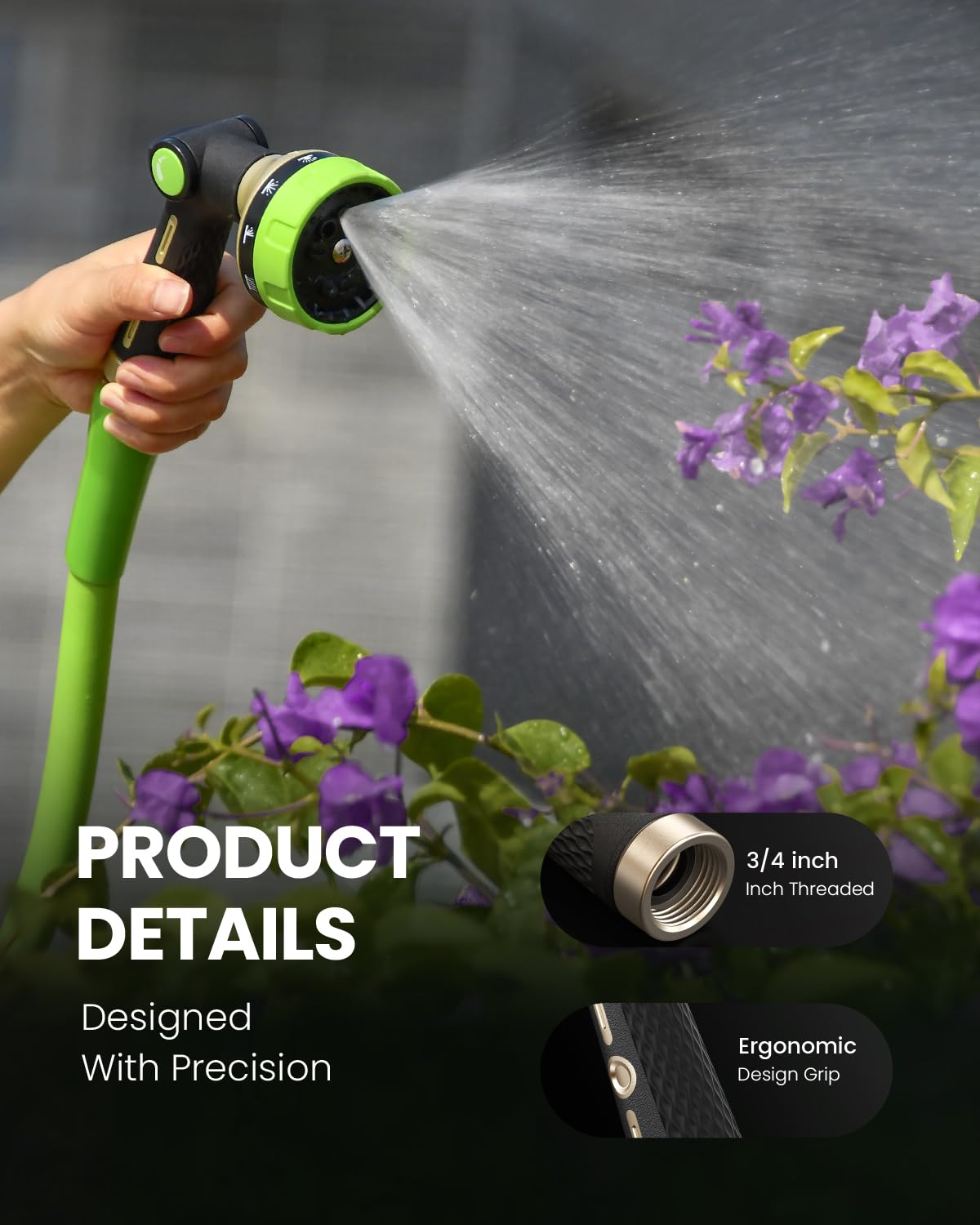 RAINPOINT Garden Hose Nozzle Heavy Duty - 100% Metal Thumb Control Spray Nozzles for Garden Hose High Pressure, 10 Patterns Water Hose Nozzle for Car Wash, Watering Lawn and Pets, Green