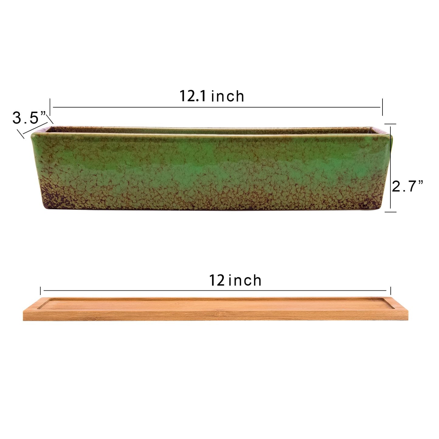 Artketty 12.1 Inch Large Succulent Planters Pots with Drainage Tray, Long Rectangle Ceramic Pots for Indoor Cactus/Succulent Plants Shallow Bonsai Window Box for Home Garden Decor (Green)
