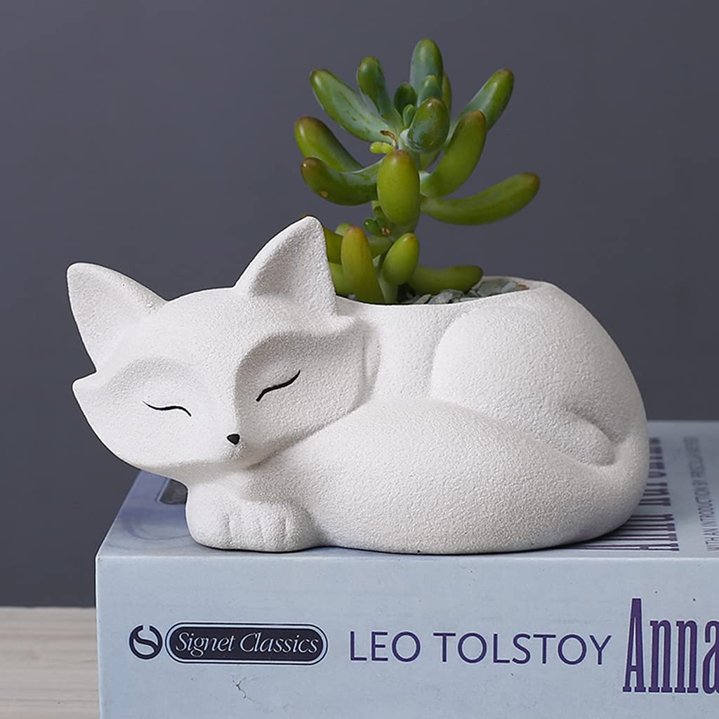 Gemseek Cute Fox Succulent Planter Pot with Drainage Tray, Small White Ceramic Cactus Flower Container, Animal Shaped Indoor Air Plants Holder