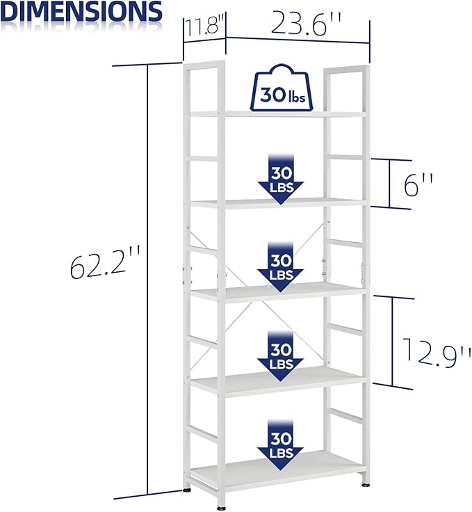 NUMENN 5 Tier Bookshelf, Tall Bookcase Shelf Storage Organizer, Modern Book