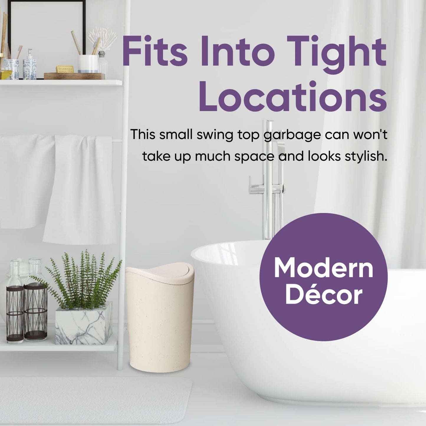 Superio Small Bathroom Trash Can with Lid, Modern White Mini Waste Bin with Swing Lid (1 1/2 Gallon, 6 Liter) Plastic Garbage Can for Kitchen, Bathroom, Bedroom, Office, Under Desk (1, Ecohome)