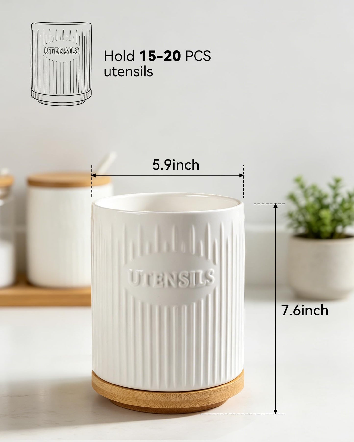 QINSDESIGNS 360° Rotating Utensil Holder, 7.6" Large Ceramic Kitchen Utensil Holder for Countertop with Rotatable Bamboo Base, Stable Cooking Utensil Crock, Farmhouse kitchen Decor, White