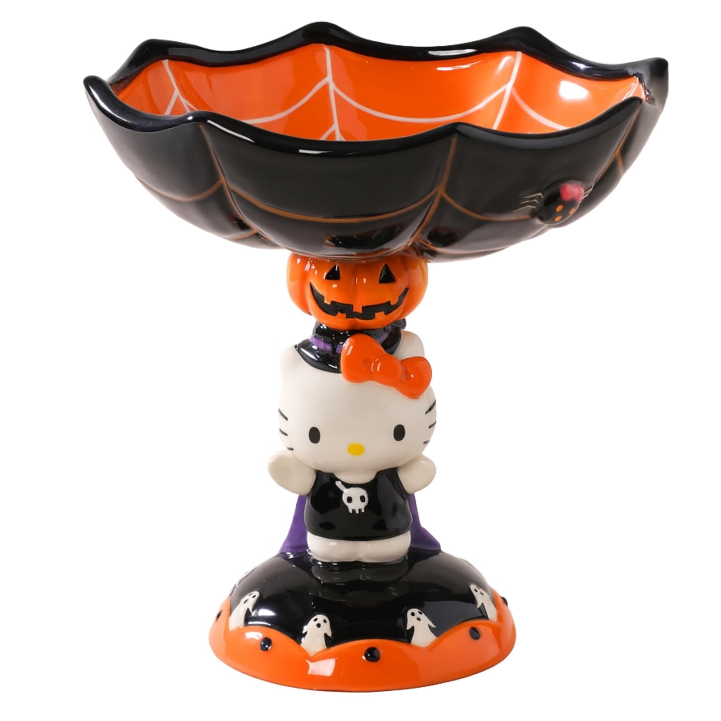 Blue Sky Clayworks HELLO KITTY Spider Web Pedestal Candy Bowl, Ceramic 8" L x 8" W x 9" H, Halloween Party Centerpiece