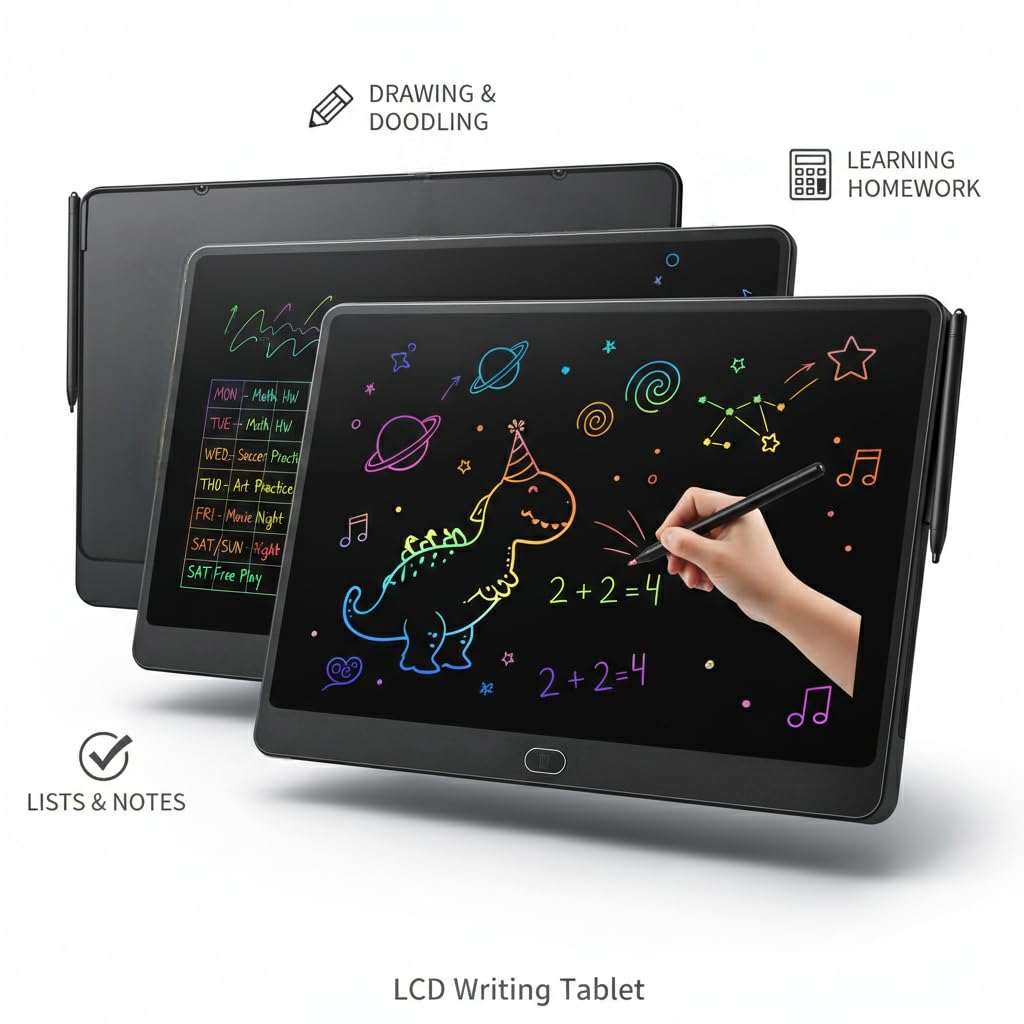 16 Inch LCD Writing Tablet for Kids 2 Pack, Large Drawing Board Doodle Pad, Colorful Screen Erasable Sketch Tablet, Travel Toys and Reusable Learning Gift for Boys Girls（Pink & Black