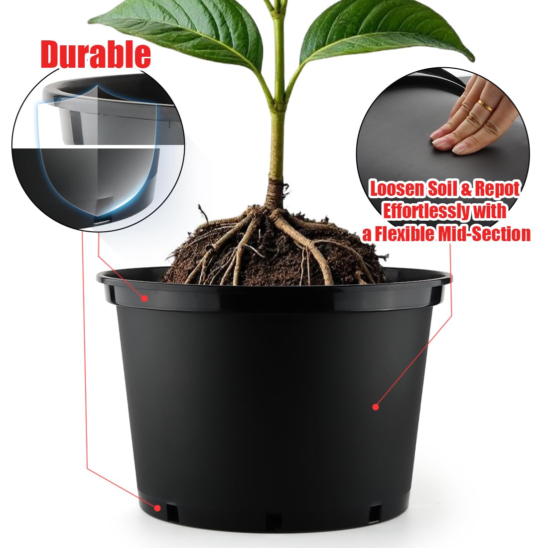 RooTrimmer 3/5/7 Gallon Nursery Pots 9 Pack Set, Plastic Planter with Drainage Holes – Round, Sturdy, Deep Design for Indoor/Outdoor Plants