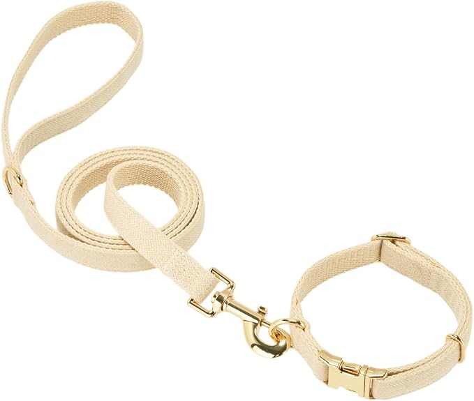 Luxury Soft Cotton Tweed Fabric Dog Collar & Leash Set with Gold Buckle – Durable Fabric, Stylish Design for Everyday Walks(Medium Cream)