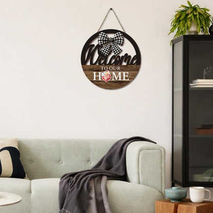 Interchangeable Seasonal Welcome to Our Home Hanging Sign - Farmhouse Front Door Decoration for Spring All Seasons Holidays - Rustic Round Wood Wreaths with 12 Icons(Brown)
