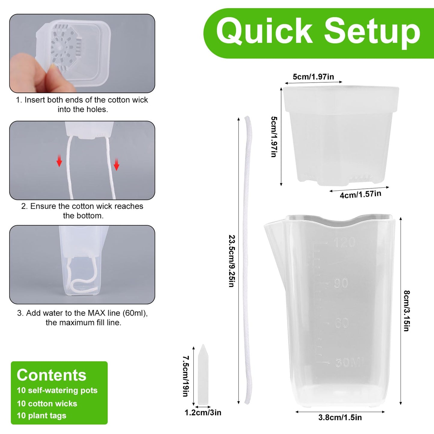 Goktvai 10pcs 2in/5cm Mini Self Watering Pots with Plant Labels and Wick, Clear Plastic Planters with Drainage Holes Water Level Indicator for Indoor Plants Alocasia Corm Propagation Sowing