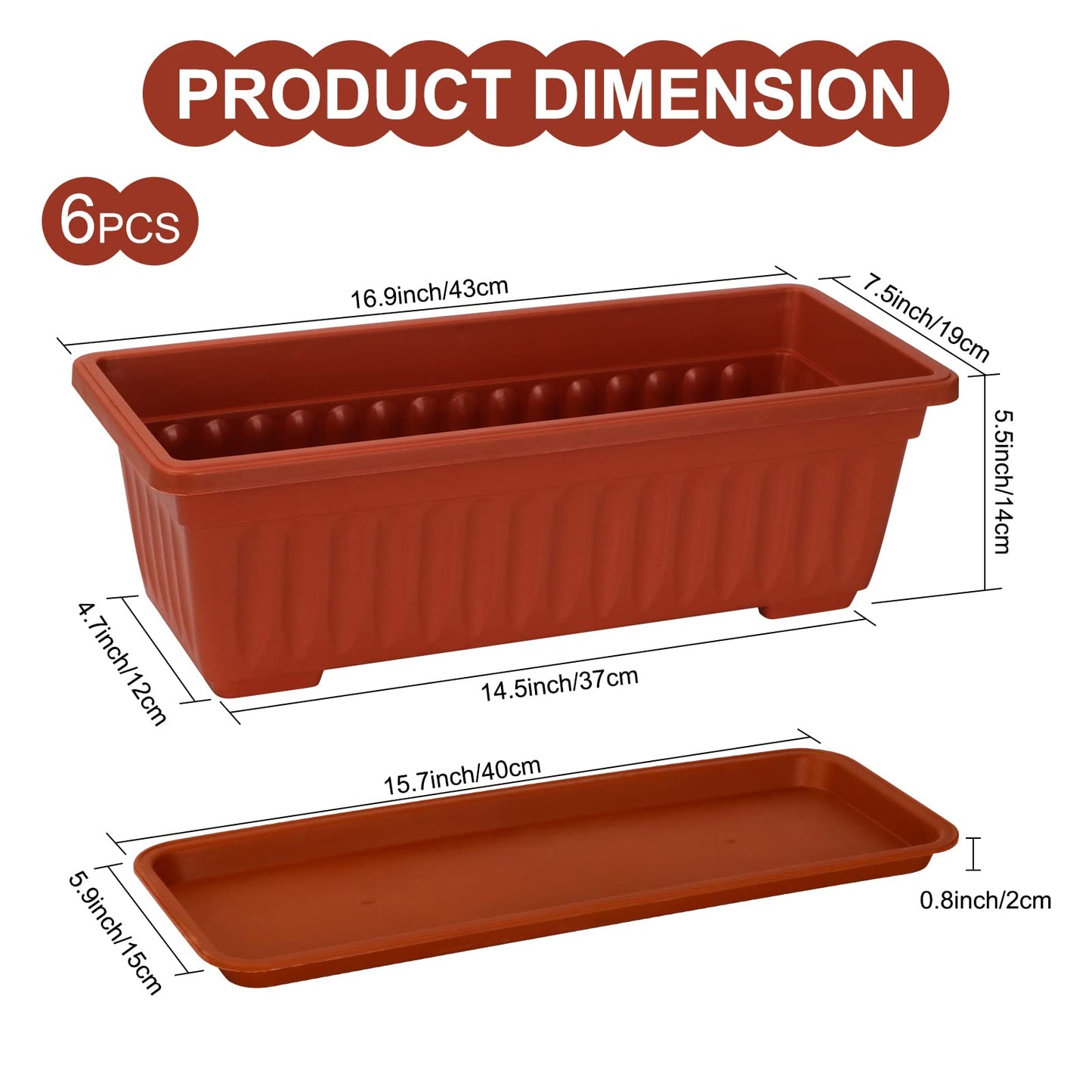 OSMOFUZE 6 Packs Window Box Planter, 17 Inches Flower Window Box Rectangular Plastic Vegetable Planters with Trays for Windowsill, Patio, Garden, Balcony, Brick Red