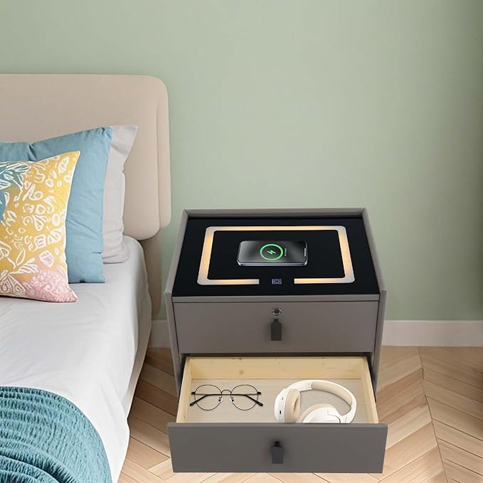 Smart Nightstand w/Fingerprint Lock Drawers, Smart Bedside Table w/USB Charging