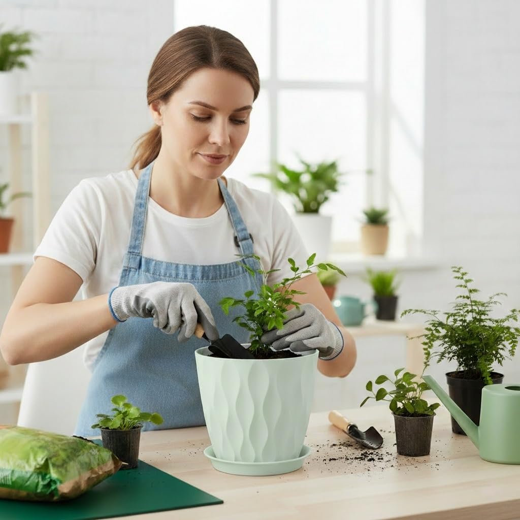 LESOASIS Plant Pots 8 Inch, 6 Pack Plastic Flower Pots for Indoor & Outdoor Plants, Planters with Drainage Holes and Saucer, Garden Pot for Plants (Green)