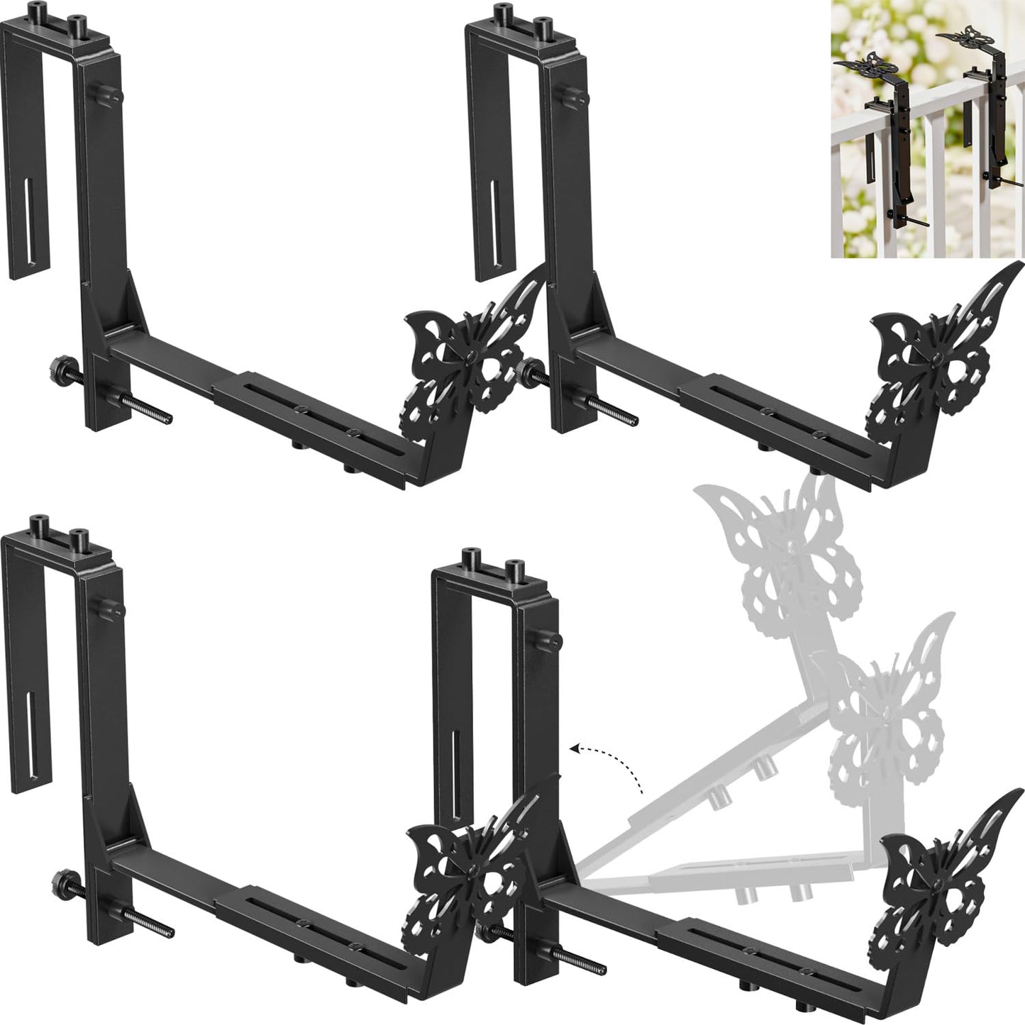 HFHOME Window Box Brackets, Adjustable Planter Box Brackets, Heavy Duty Flower Railing Planter Bracket for Balcony, with Enhanced Bottom Support, Perfect for Deck, Fence and Garden - Black (4 Pack)