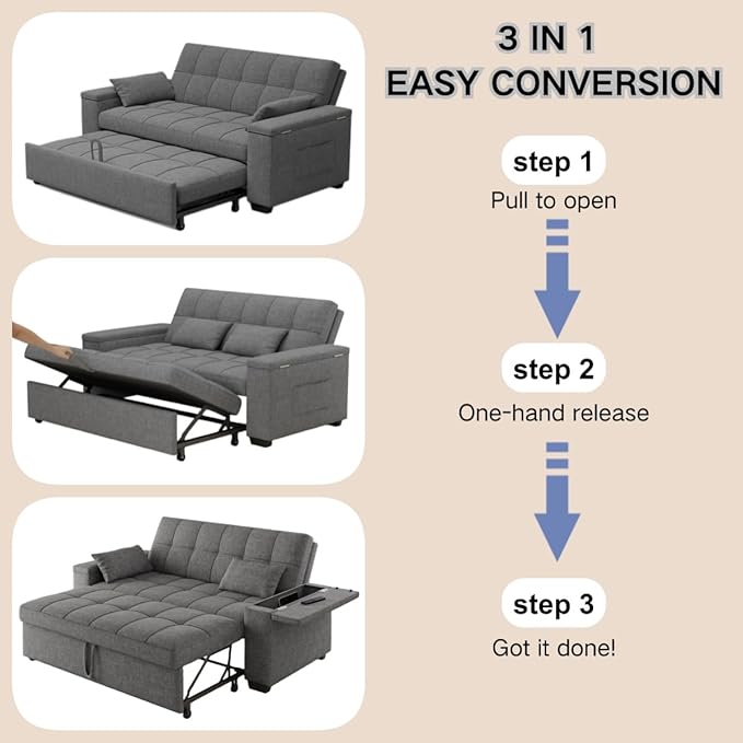 Gizoon 3 in 1 Convertible Sofa Bed, 63.6'' Pull Out Couch