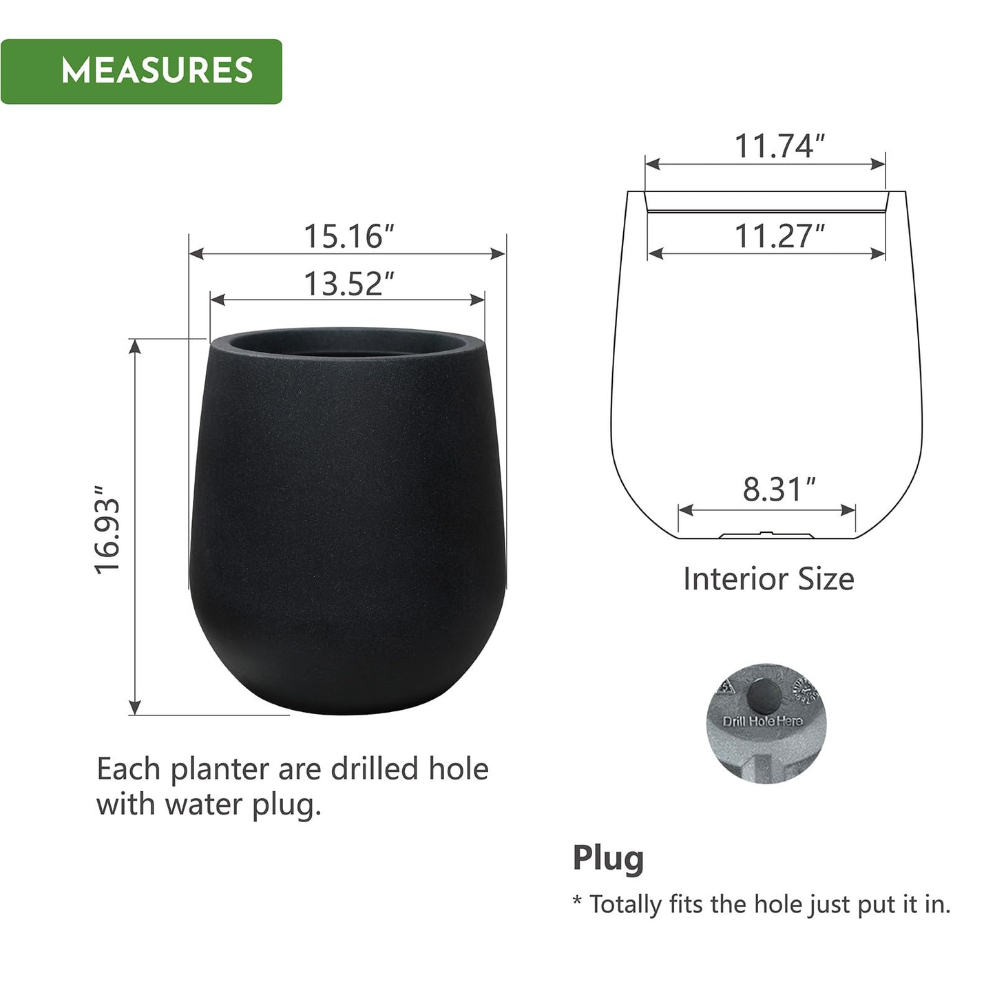 16.9 Inch Plastic Tall Planters for Outdoor Plants,Modern Black Round Tapered Flower Pot for Outdoor and Indoor Plants, Large Plant Pots with Drainage Holes and Rubber Plug for Home Garden Patio