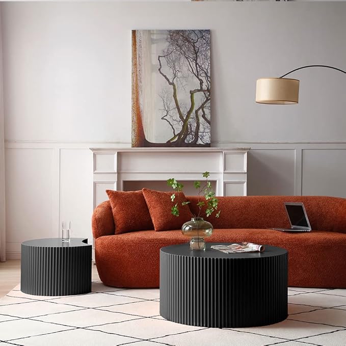 Black Round Coffee Table Nesting End Table Set of 2 Fluted Side Tables Set