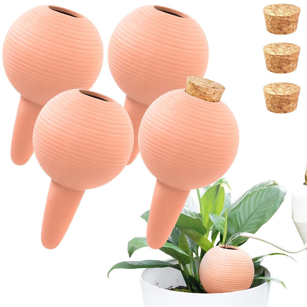 eusbon Plant Watering Globes Set of 4, 14oz Terracotta Self-Watering Globes for PottedPlants, Watering Planter Insert Bulbs with Cork Stoppers, Automatic Watering Spikes for Indoor&Outdoor Plants