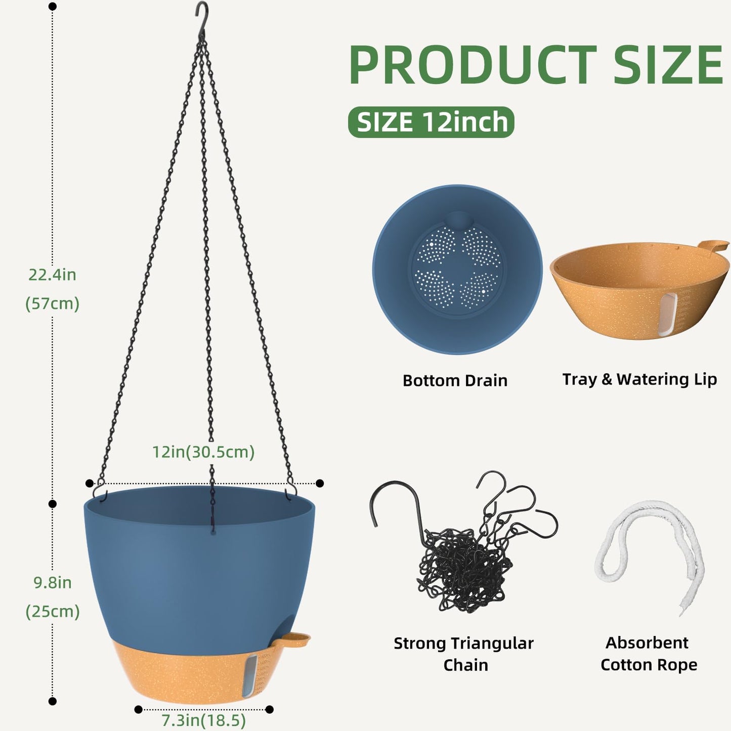 ZMTECH 12 Inch Large Self Watering Hanging Planters for Indoor Outdoor Plants - Water Level Indicator & Removable 60 Oz Reservoir, 1 Pack Plastic Hanging Basket for Window Porch Garden Balcony, Blue