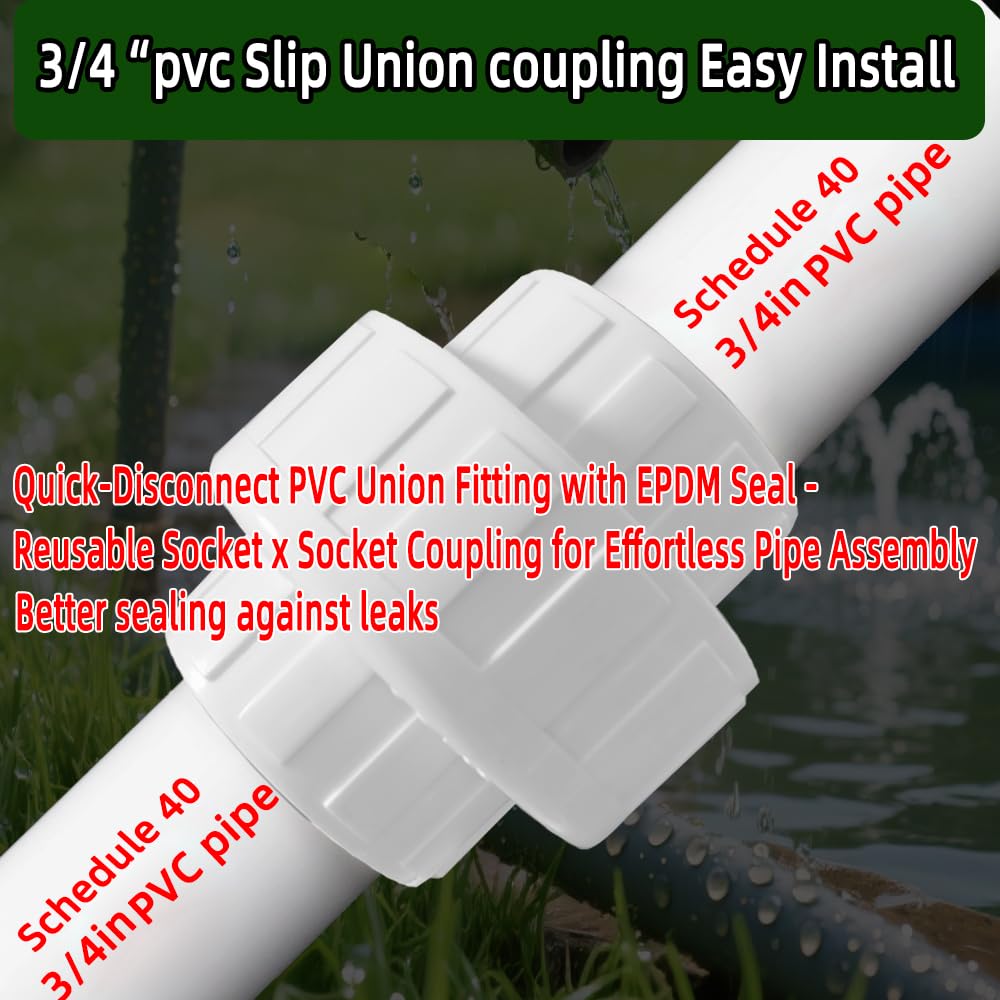 6Pcs 3/4" PVC Union Coupling Pipe Fitting (Socket x Socket),SCH40,Plumbing Fitting with EPDM O-Ring, White,Quick-Connect PVC Couplings for Farm Irrigation, Garden Watering & Pool Plumbing.