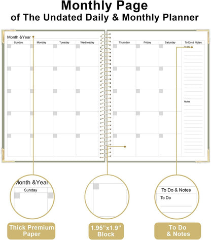 Undated Daily Monthly Planner for 2025 2026 - A4 To Do List with Hourly Schedule, Hardcover Spiral Bound Daily Planner to Increase Focus, Stylish School/Office Supplies, 8.5" x 11", Green