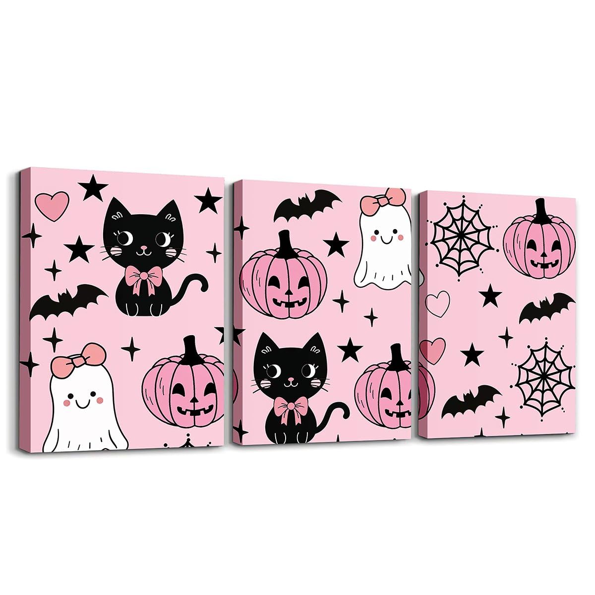 jejeloiu Halloween Decor Kids Canvas Wall Art for Living Room Bedroom Cartoon Ghost Picture Wall Decor for Bathroom Black Cat Boys Girls Artwork Posters Pumpkins Painting 12"x16"x 3Pcs
